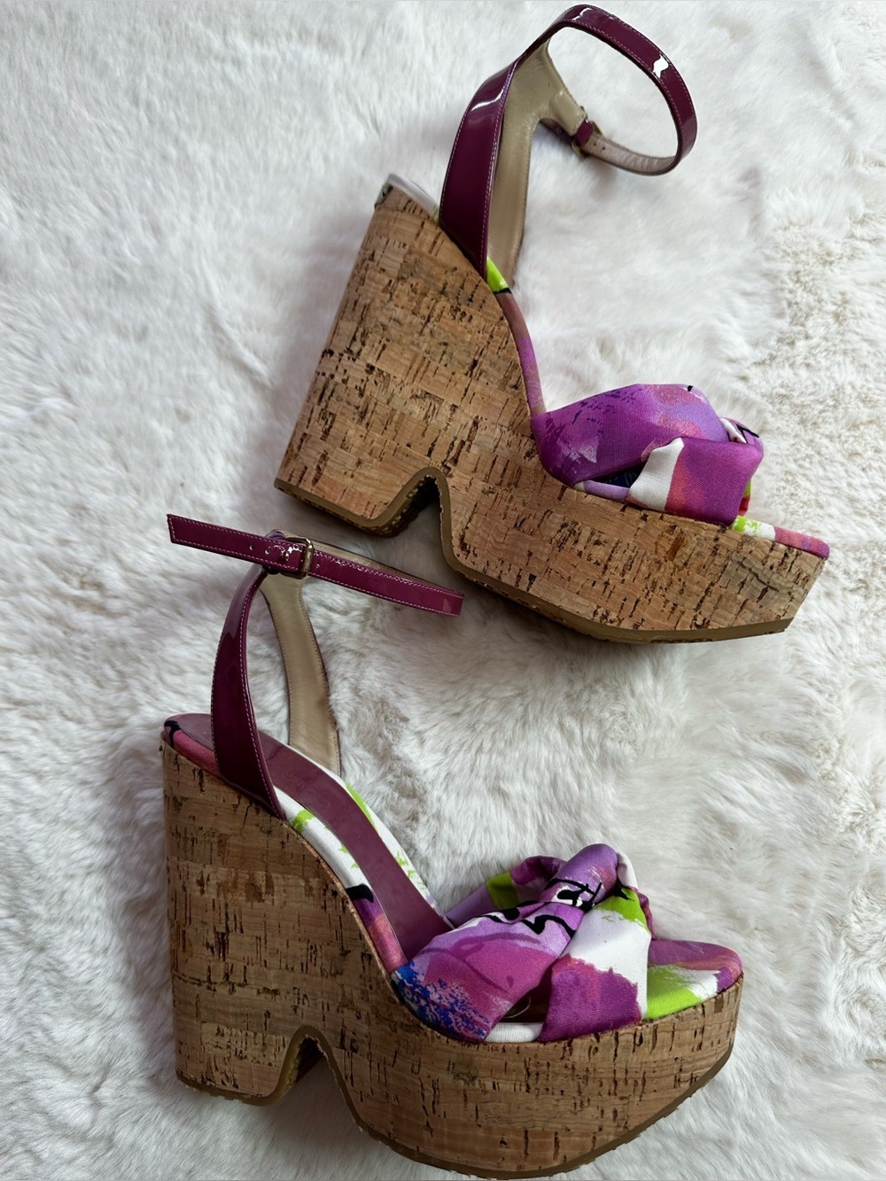 Jimmy Choo Pink and Green Wedge Sandals - Picture 4 of 9